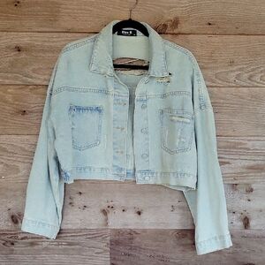 Blue B Light Blue Rhinestone Fringe Denim Jacket Size M/L